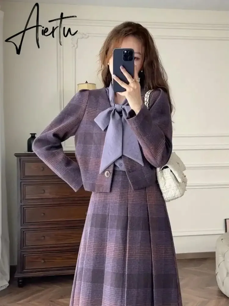 Aiertu Two Piece Sets Women Outfits Autumn Purple Plaid Woolen Jacket Coat Half Skirt Set Korean Fashion Vintage Chic Elegant Set