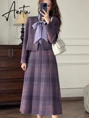 Aiertu Two Piece Sets Women Outfits Autumn Purple Plaid Woolen Jacket Coat Half Skirt Set Korean Fashion Vintage Chic Elegant Set