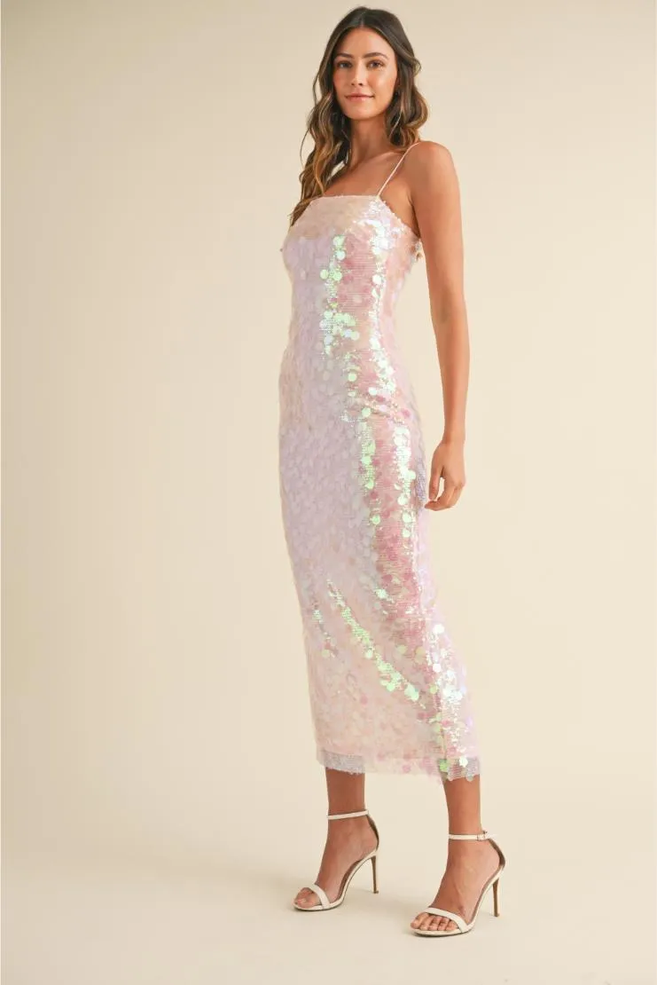 Alicia Large Disc Sequin Spaghettie Strap Maxi Dress