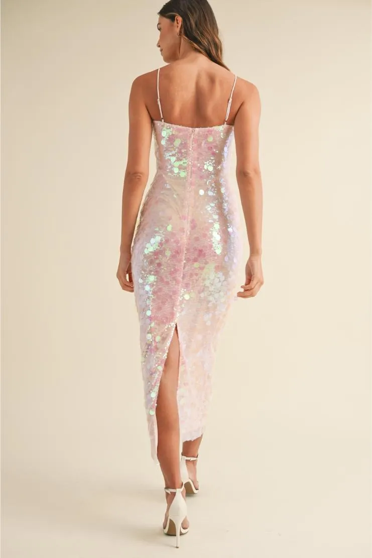 Alicia Large Disc Sequin Spaghettie Strap Maxi Dress