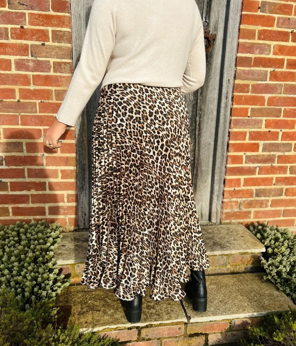 Animal Print Satin Pleated Skirt