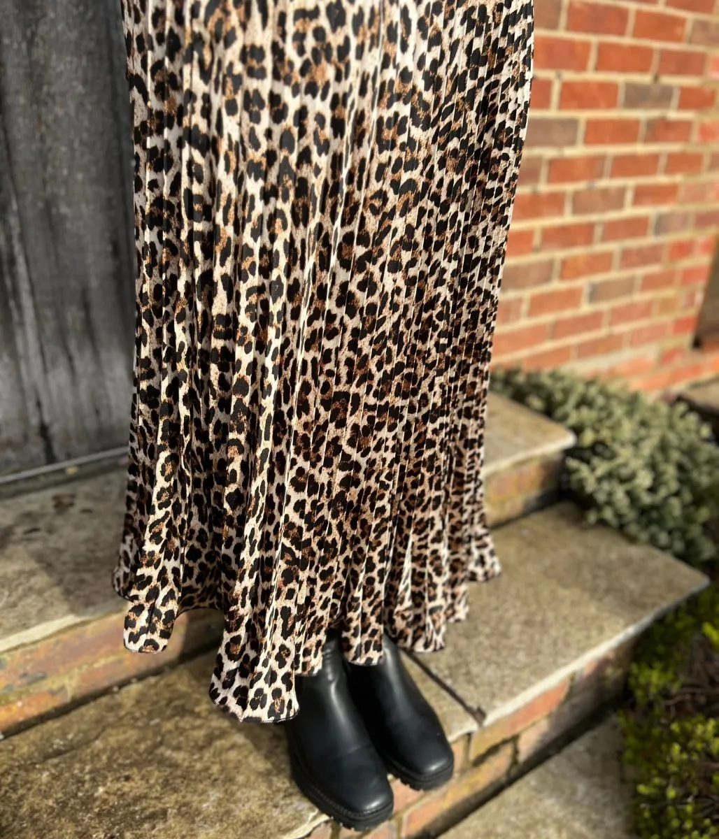 Animal Print Satin Pleated Skirt