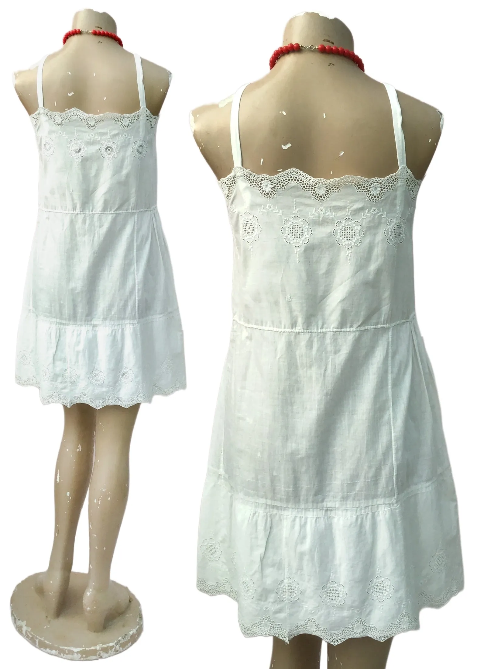 Antique White Cotton Mini slip dress • Broderie Anglais