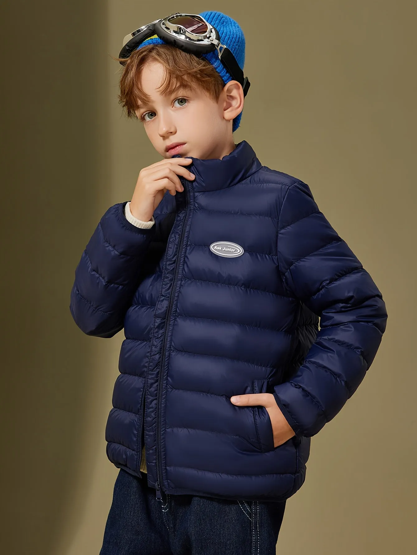 ASK JUNIOR Boys Solid Color Hooded Down Jacket, Warm Zip Up Stand Collar Jacket, Boy's Clothes For Winter Outdoor, As Gift