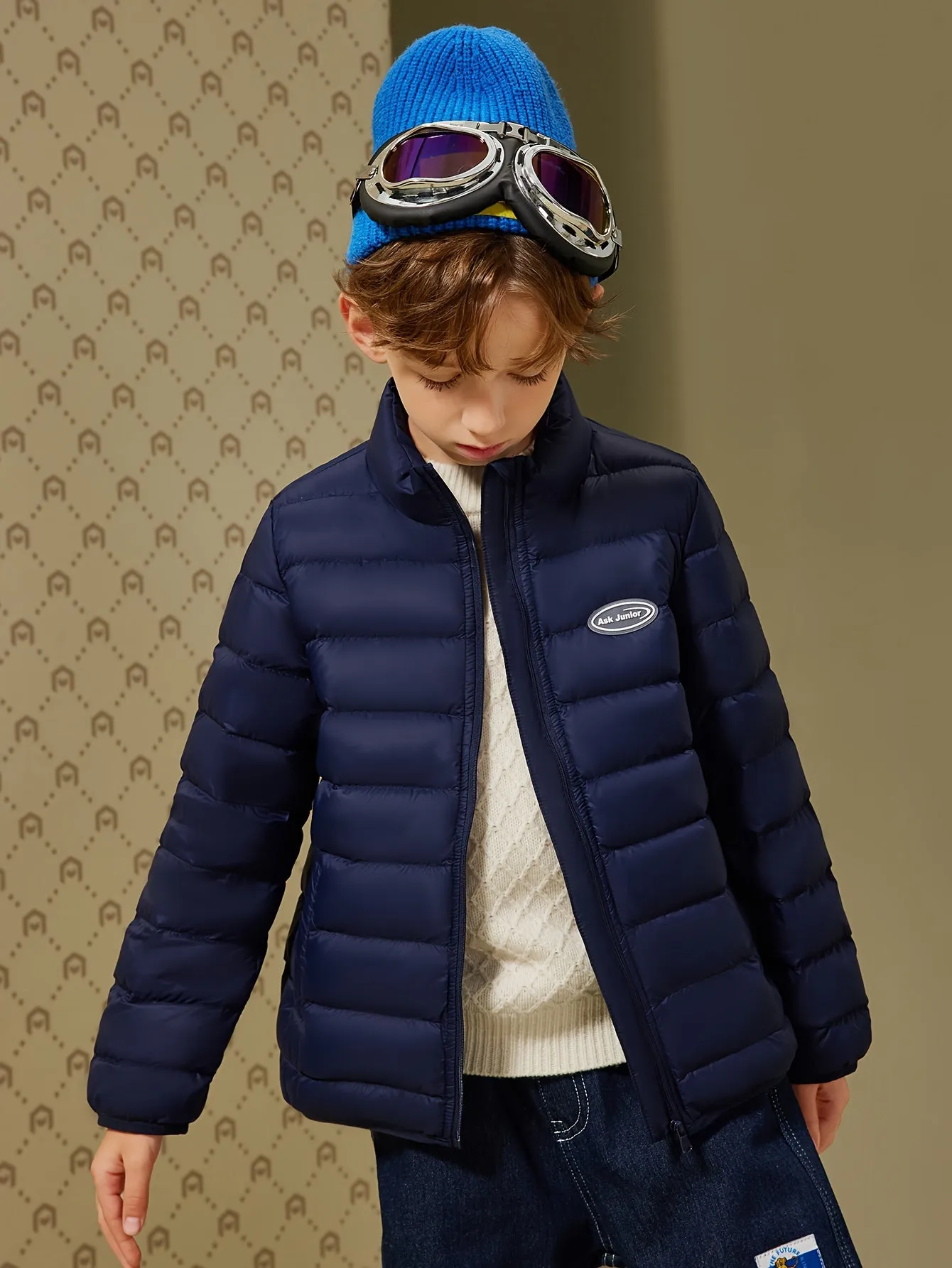 ASK JUNIOR Boys Solid Color Hooded Down Jacket, Warm Zip Up Stand Collar Jacket, Boy's Clothes For Winter Outdoor, As Gift