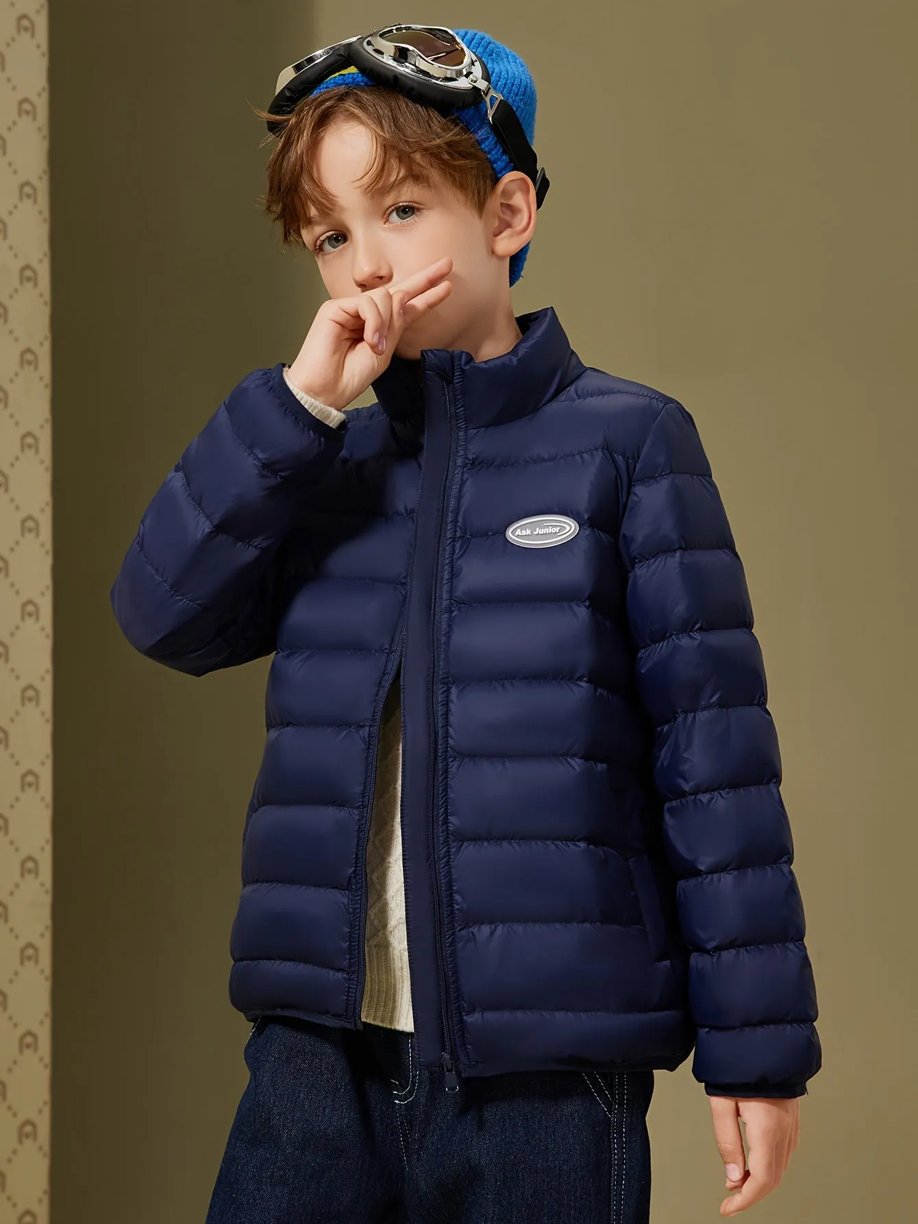 ASK JUNIOR Boys Solid Color Hooded Down Jacket, Warm Zip Up Stand Collar Jacket, Boy's Clothes For Winter Outdoor, As Gift