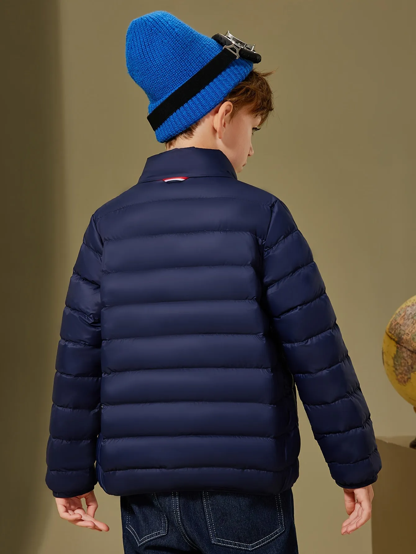 ASK JUNIOR Boys Solid Color Hooded Down Jacket, Warm Zip Up Stand Collar Jacket, Boy's Clothes For Winter Outdoor, As Gift