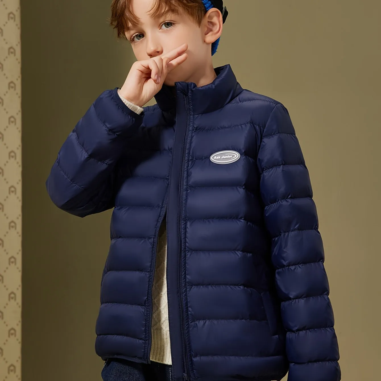 ASK JUNIOR Boys Solid Color Hooded Down Jacket, Warm Zip Up Stand Collar Jacket, Boy's Clothes For Winter Outdoor, As Gift