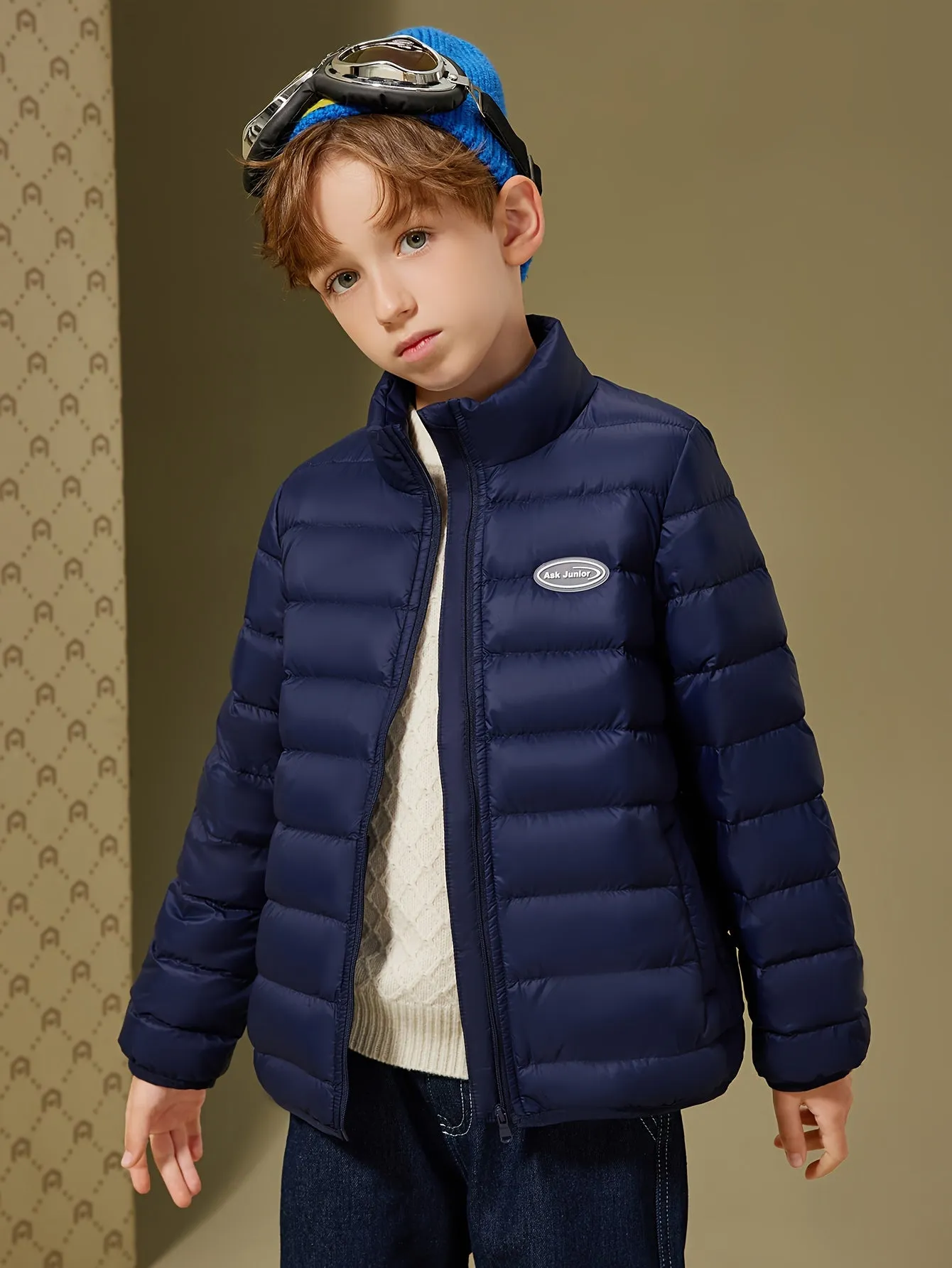 ASK JUNIOR Boys Solid Color Hooded Down Jacket, Warm Zip Up Stand Collar Jacket, Boy's Clothes For Winter Outdoor, As Gift