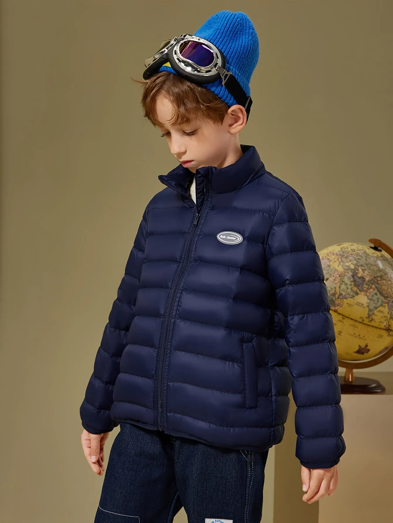 ASK JUNIOR Boys Solid Color Hooded Down Jacket, Warm Zip Up Stand Collar Jacket, Boy's Clothes For Winter Outdoor, As Gift