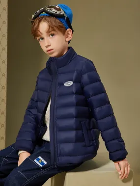 ASK JUNIOR Boys Solid Color Hooded Down Jacket, Warm Zip Up Stand Collar Jacket, Boy's Clothes For Winter Outdoor, As Gift