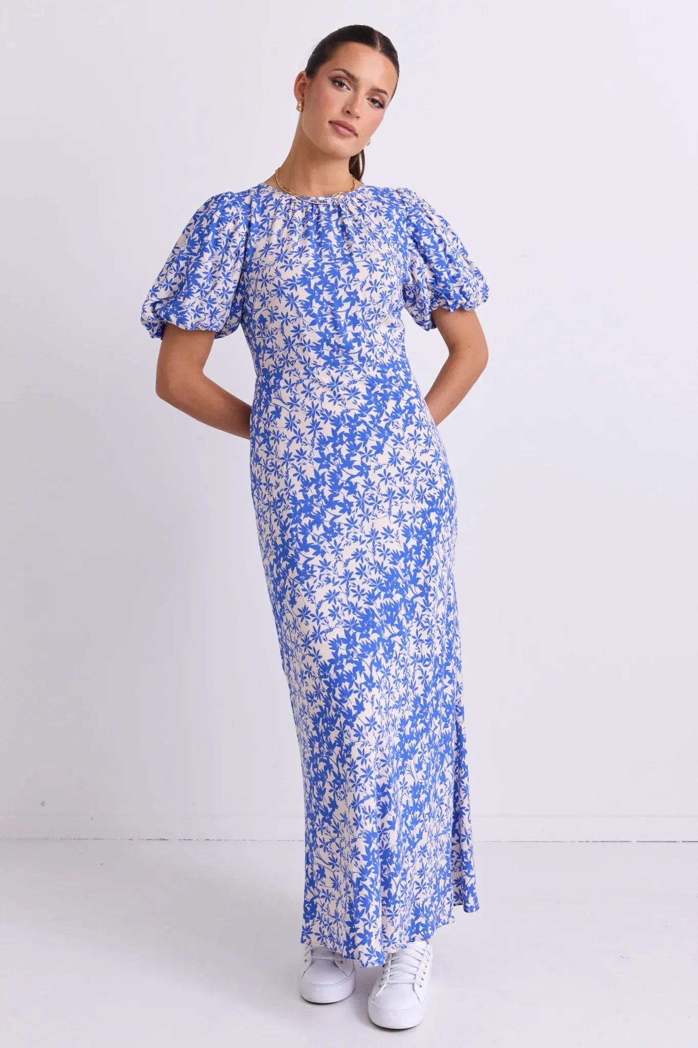 Astrid Blue Floral Puff Sleeve Bias Maxi Dress - Blue Floral