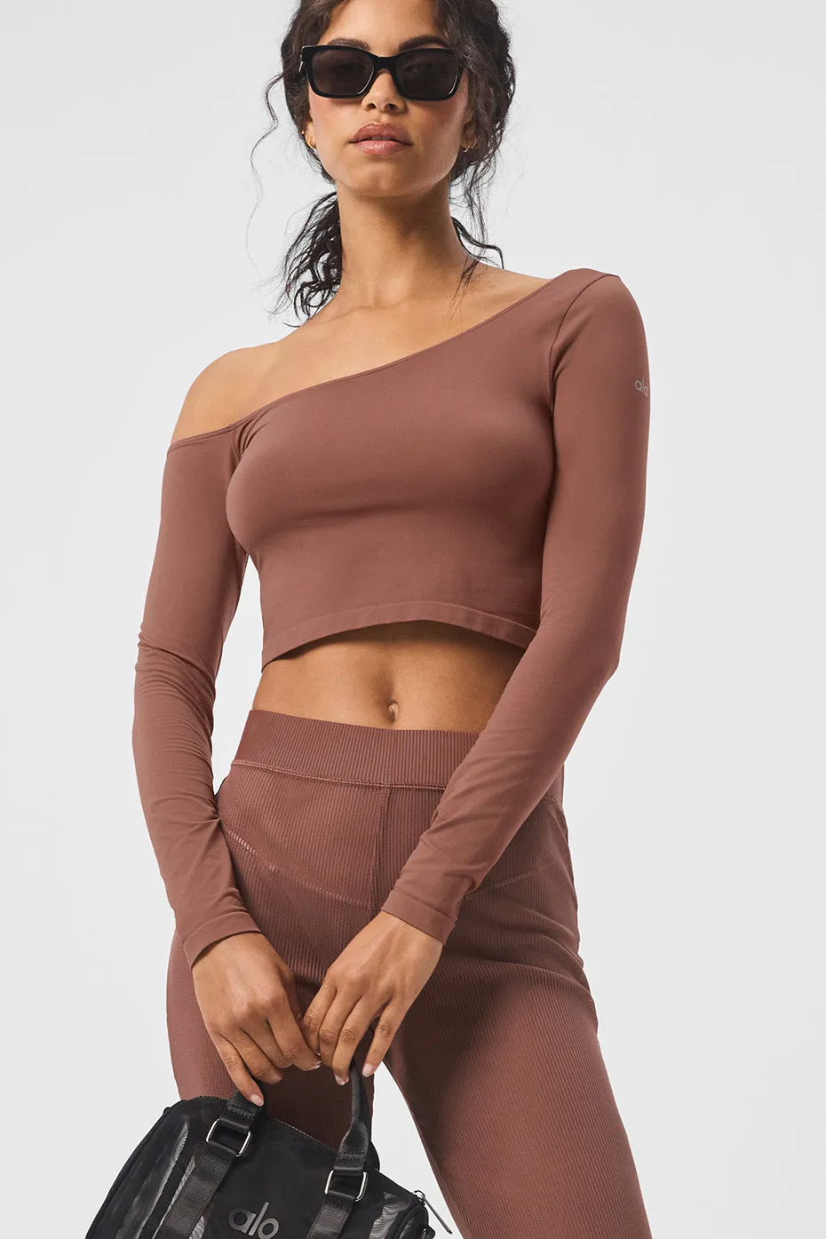 Asymmetric Sheer Glow Long Sleeve - Chestnut