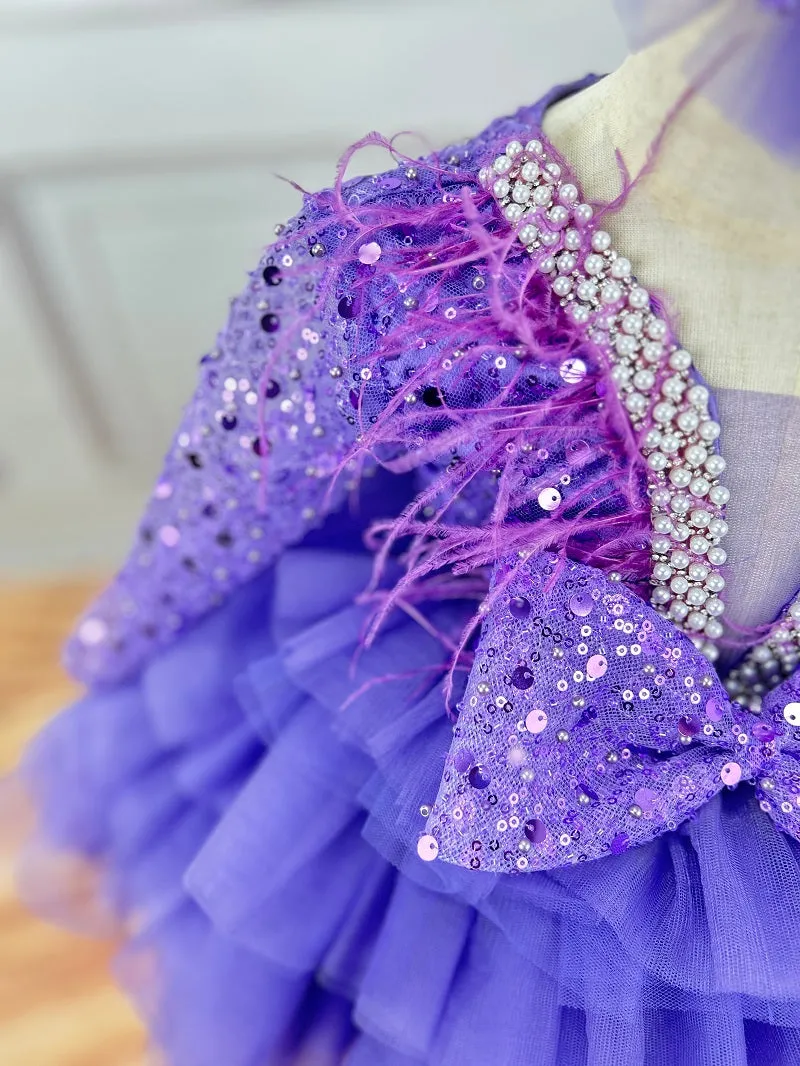 Baby Birthday Dress 1-12 Years Old Girls V-Neck Sequin Feather Princess Dress