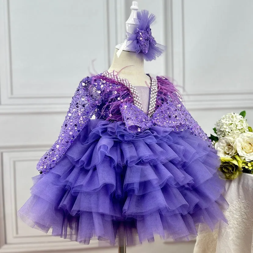 Baby Birthday Dress 1-12 Years Old Girls V-Neck Sequin Feather Princess Dress