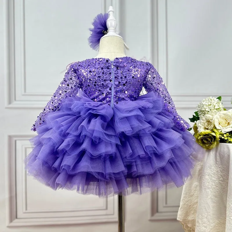 Baby Birthday Dress 1-12 Years Old Girls V-Neck Sequin Feather Princess Dress