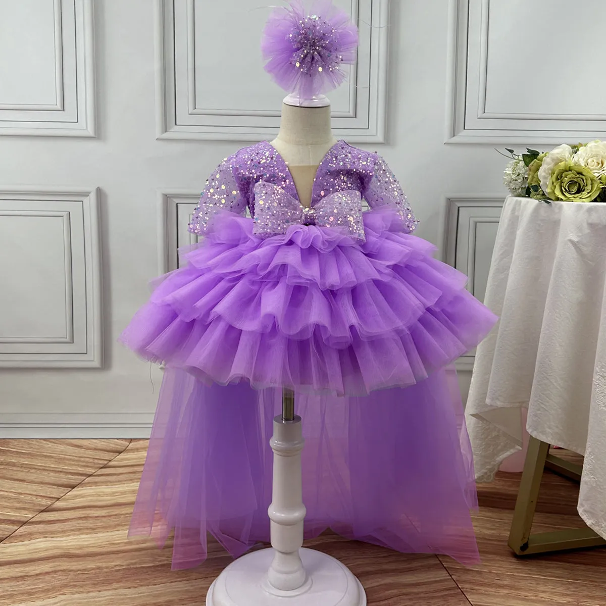 Baby Birthday Dress Girls Tail Princess Dress Fashion V Neck Short Sleeve Cake Dress