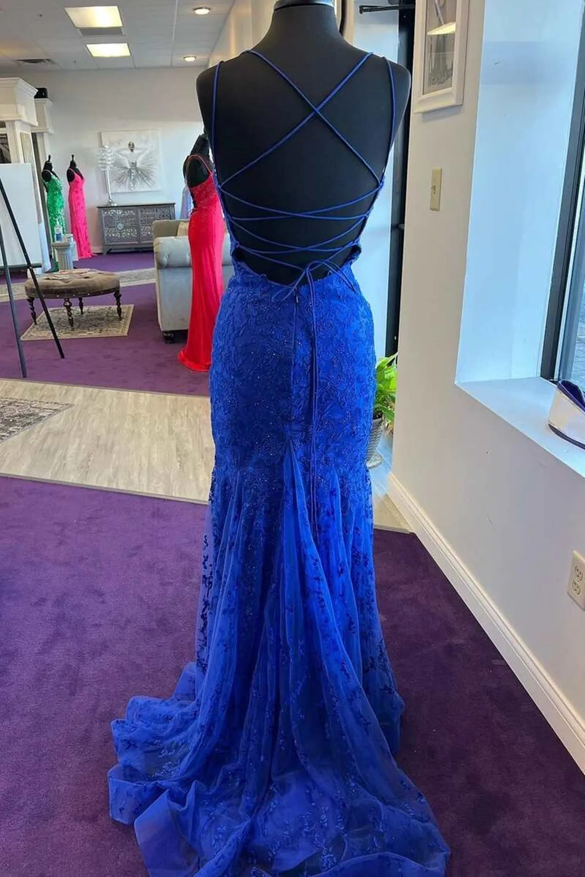 Backless Mermaid Blue Lace Tulle Long Prom Dress, Mermaid Blue Formal Dress, Blue Lace Evening Dress A1518