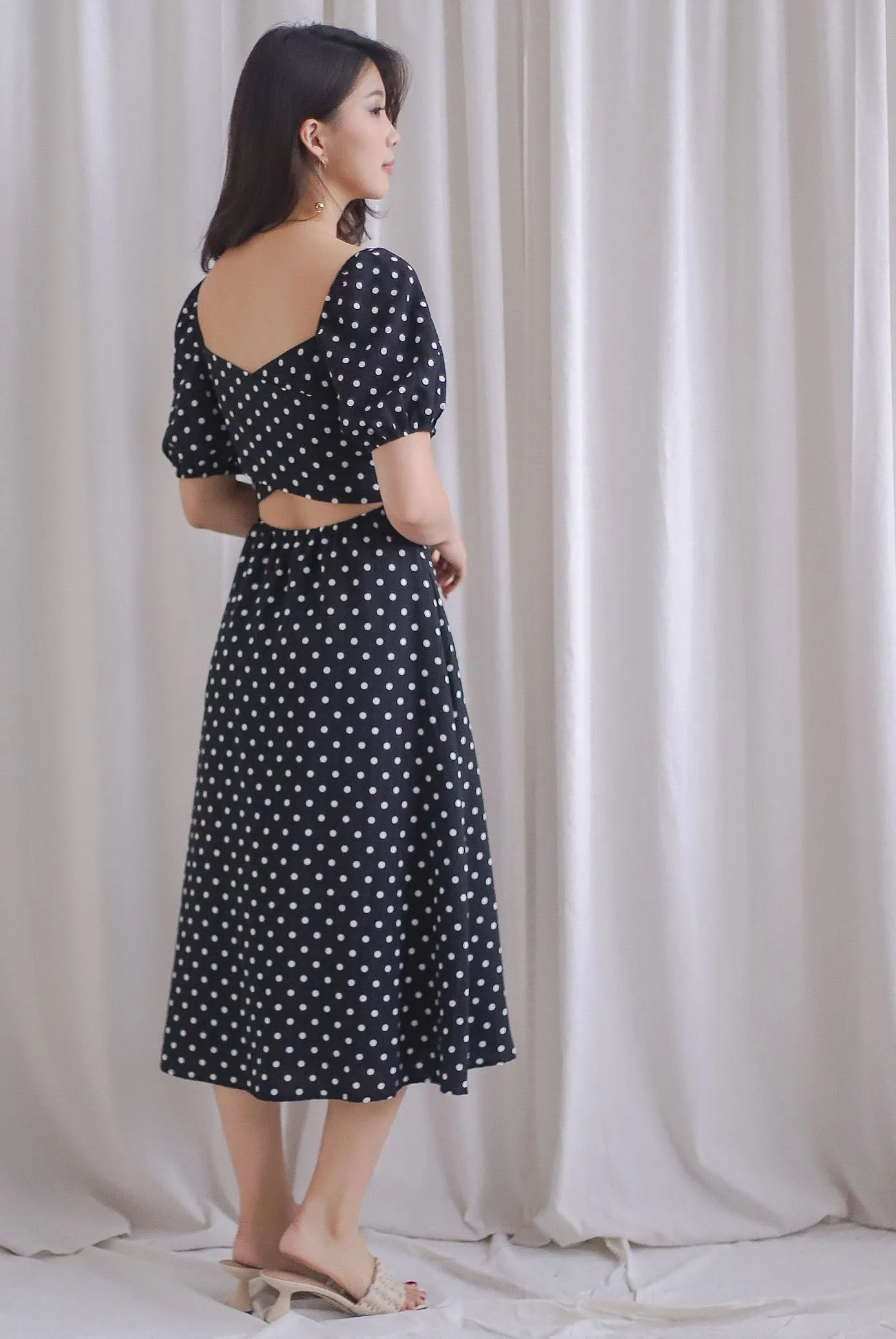 Balwinder Wrap Back Midi Dress In Black Dots