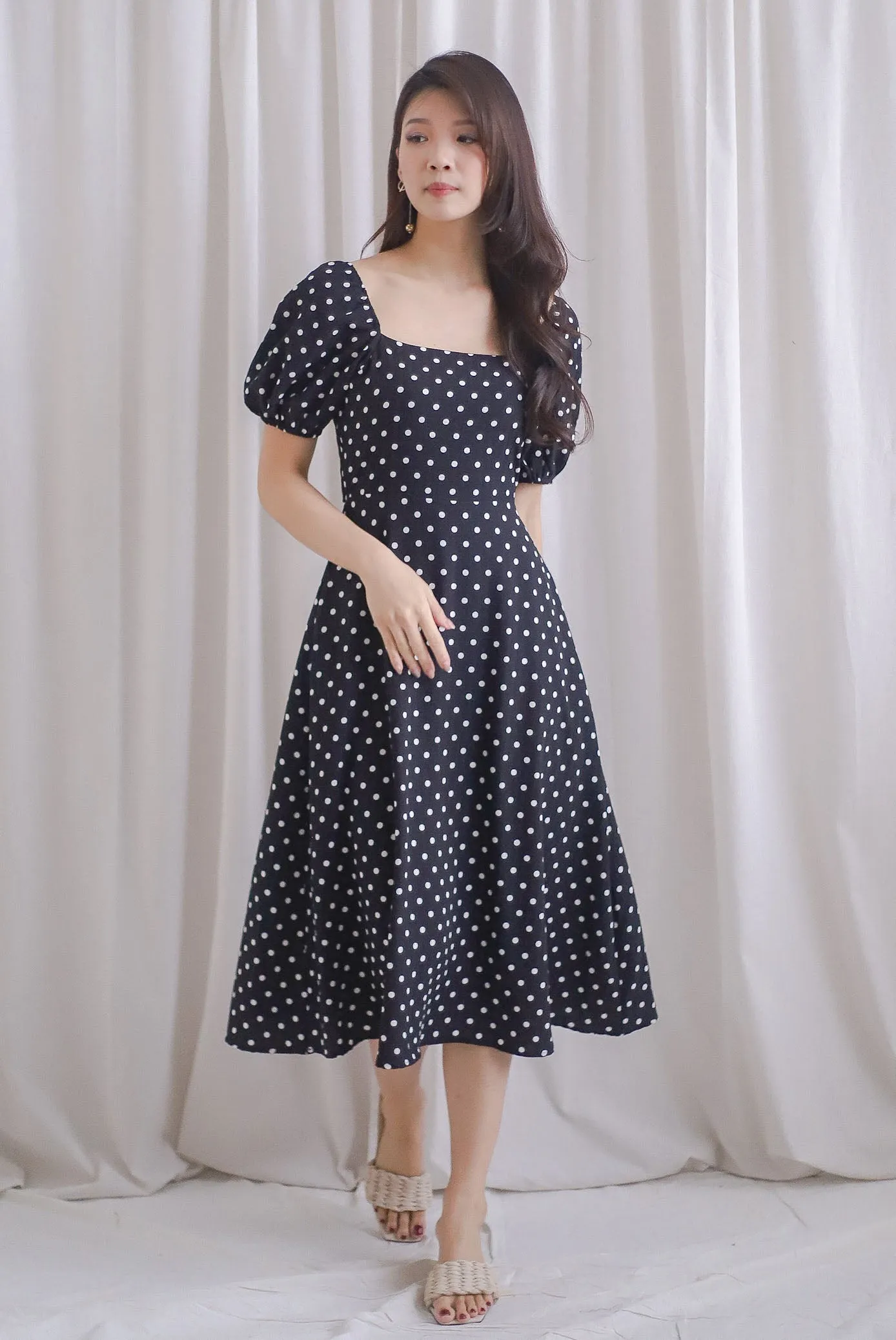 Balwinder Wrap Back Midi Dress In Black Dots