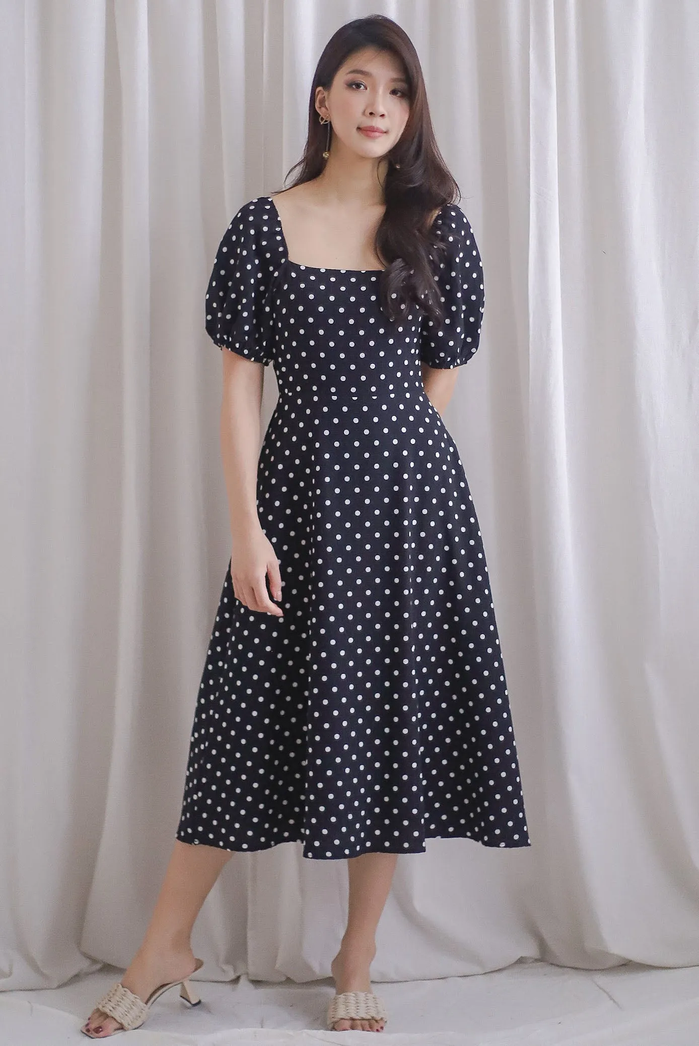 Balwinder Wrap Back Midi Dress In Black Dots