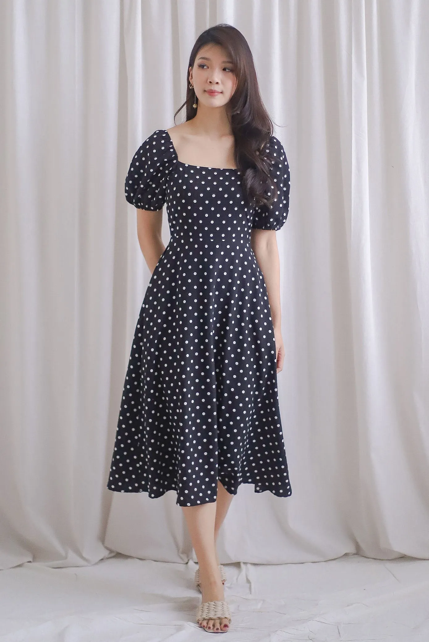 Balwinder Wrap Back Midi Dress In Black Dots