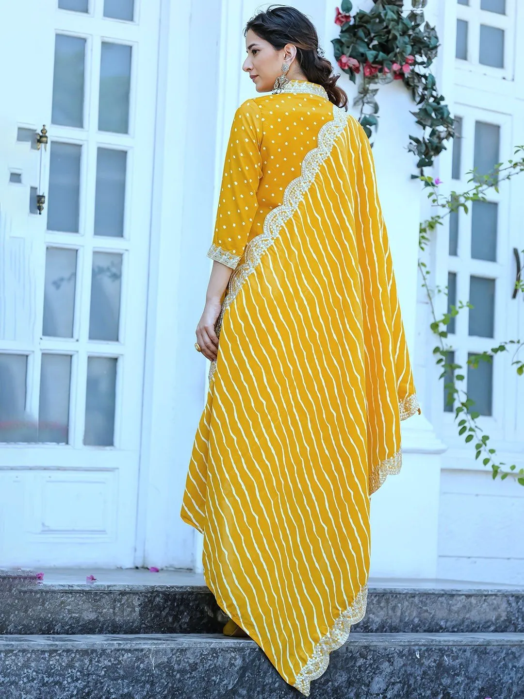 Bandhani Embroidered Art Silk Kurta with Trousers & Dupatta