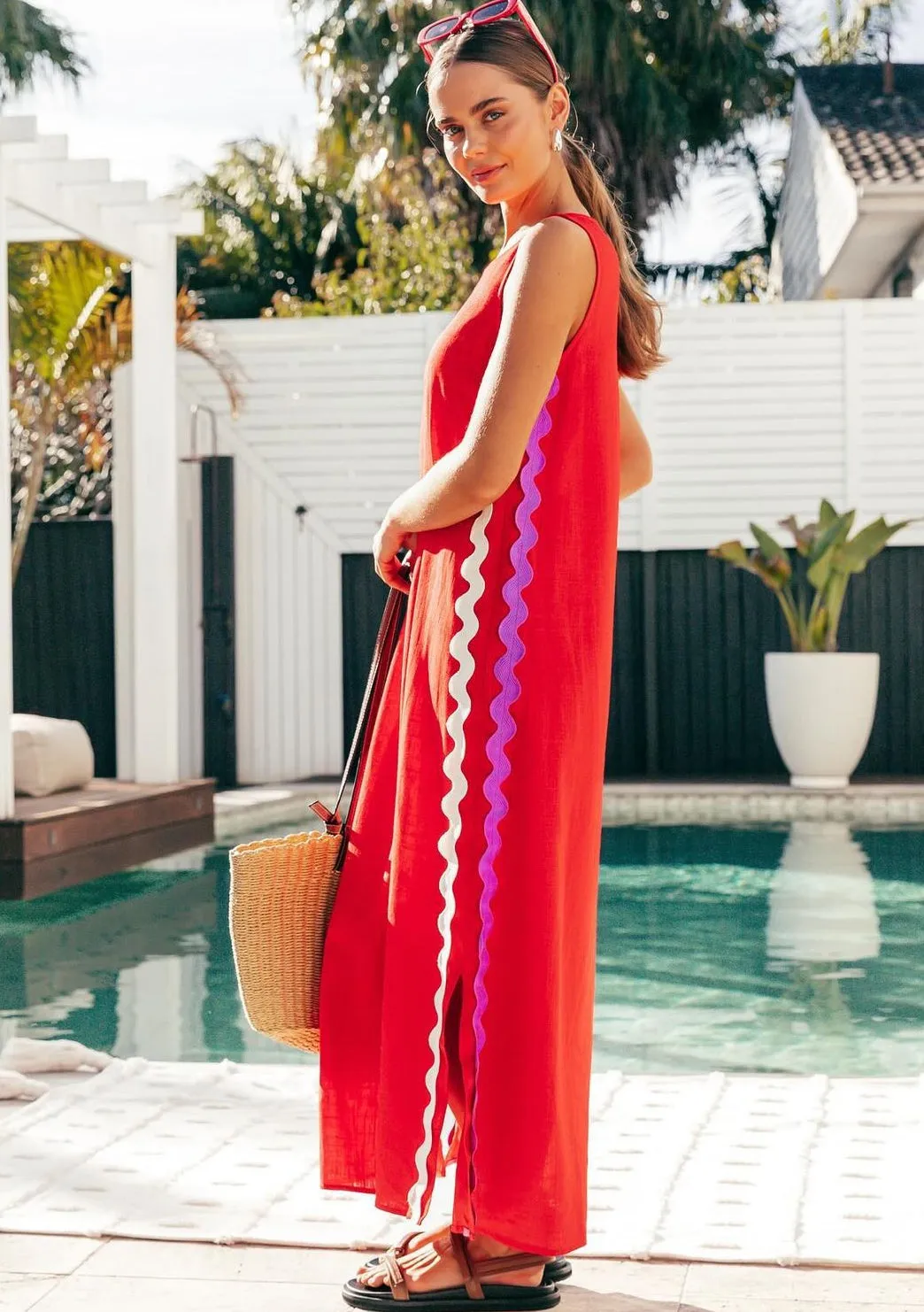 Barcelona Red with White/Purple Ric Rac Maxi Dress