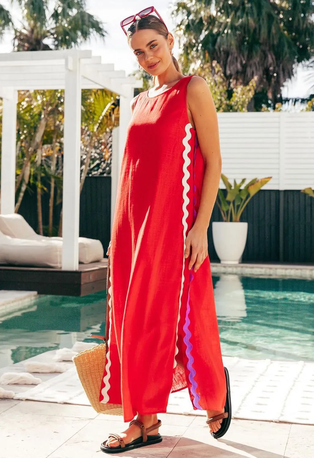 Barcelona Red with White/Purple Ric Rac Maxi Dress