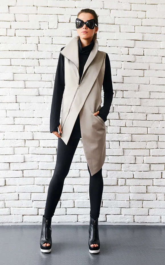 Beige Elegant Zipper Vest