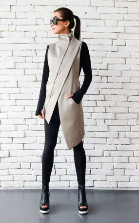 Beige Elegant Zipper Vest