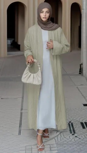 Beige Lounia maxi throw over abaya in light linen fabric with a detachable belt