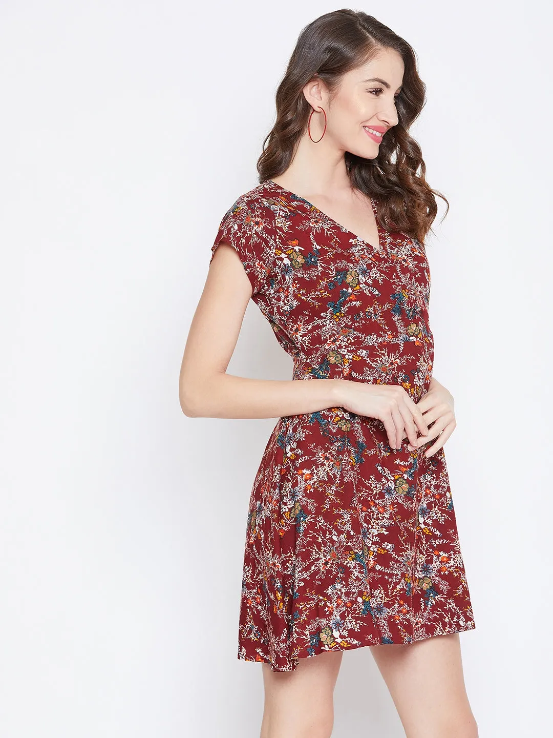 Berrylush Women Maroon & White Floral Printed V-Neck Tie-Up Waist Wrap Mini Dress