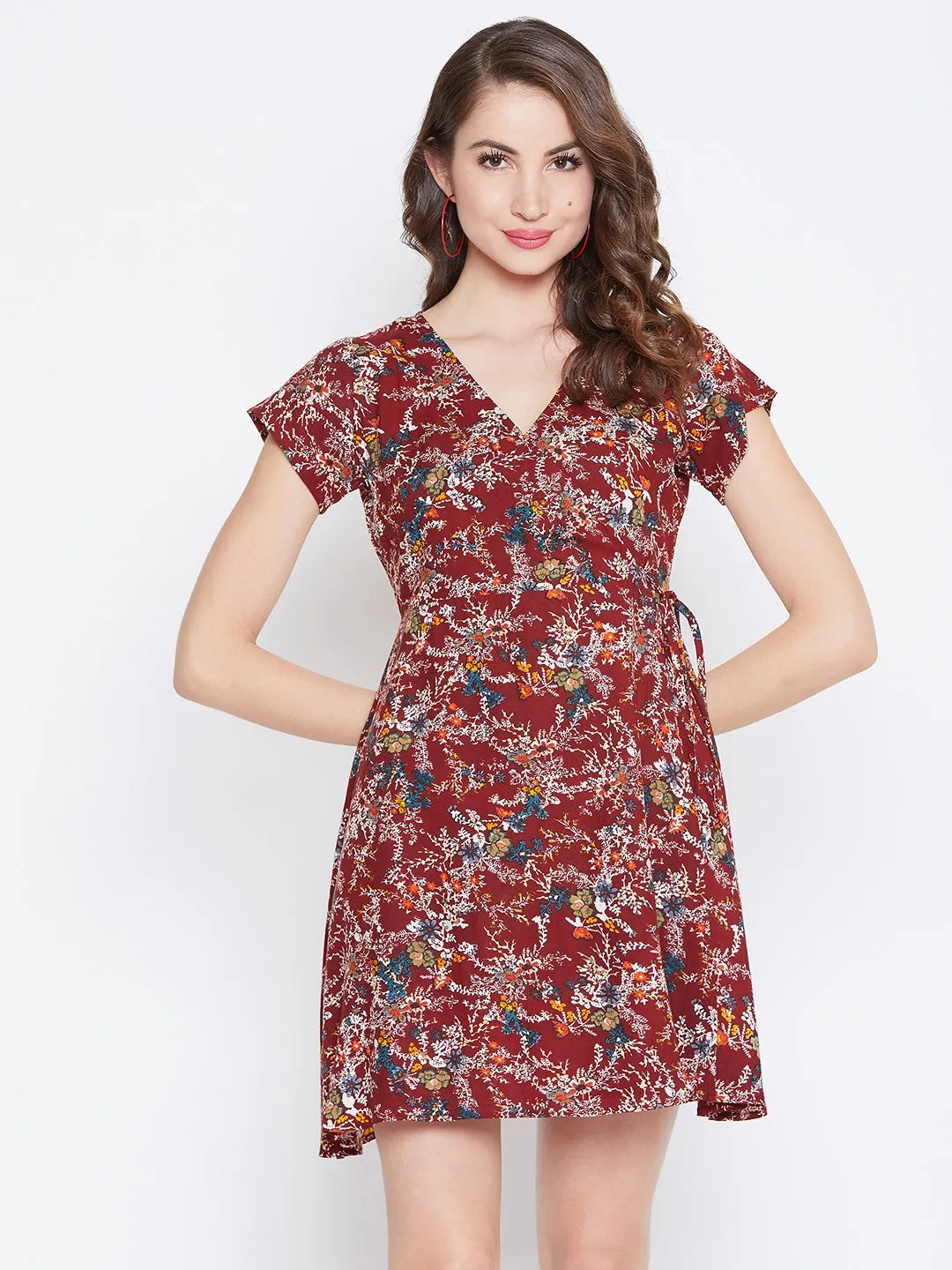 Berrylush Women Maroon & White Floral Printed V-Neck Tie-Up Waist Wrap Mini Dress