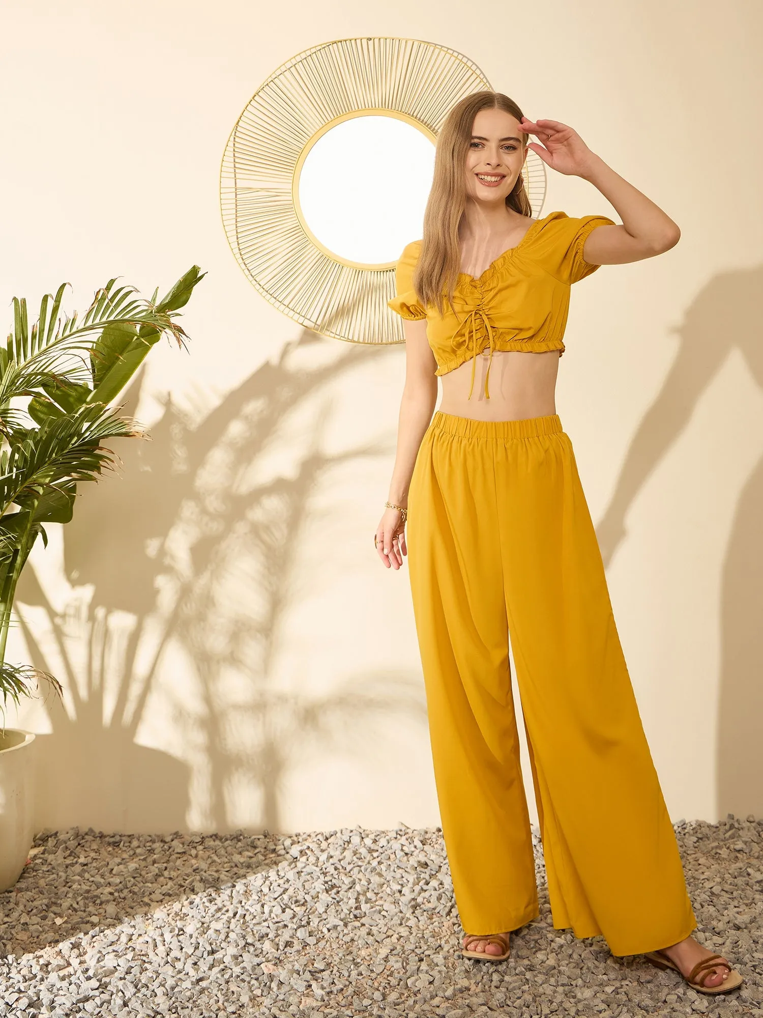 Berrylush Women Solid Yellow Sweetheart Neck Front Tie-Up Ruched Crop Top & Wide-Leg Maxi Trousers Co-Ord Set