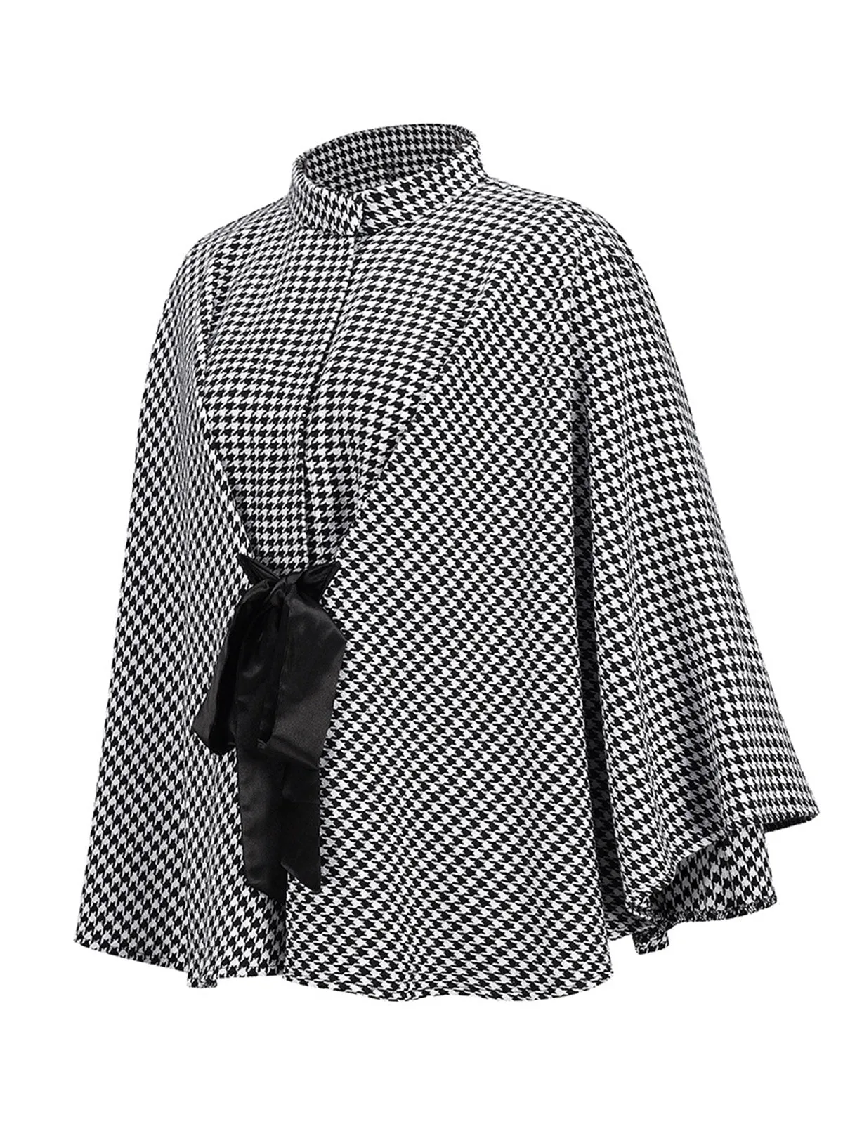 Black 1950s Houndstooth Lace-Up Cloak Coat