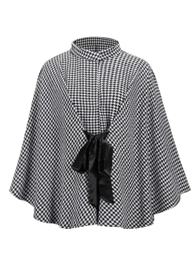 Black 1950s Houndstooth Lace-Up Cloak Coat