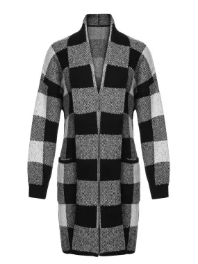 Black & Gray 1950s Plaid Knitted Long Cardigan