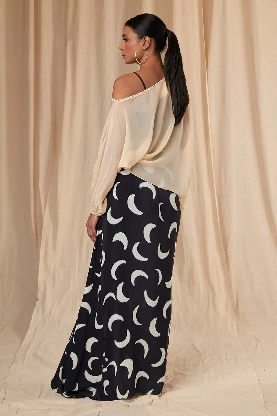 Black & Ivory Mooncrest Poncho & Drape Skirt Set