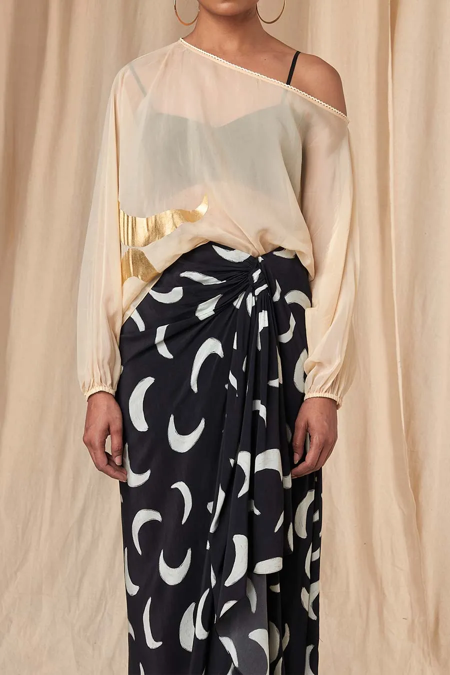 Black & Ivory Mooncrest Poncho & Drape Skirt Set