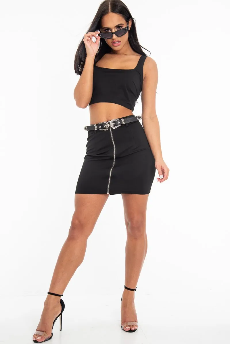 Black Crop Top Western Belt Skirt Co-Ord - Mindy