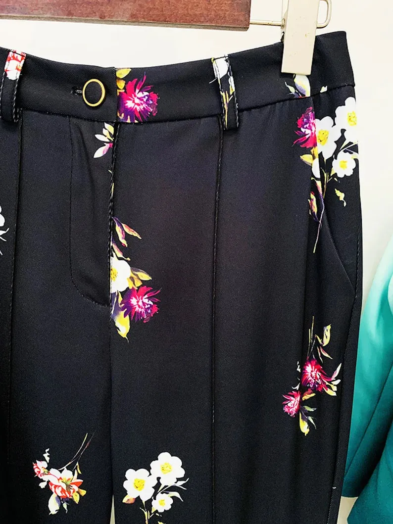 Black Floral Suit Fitted Blazer   Flare Trousers