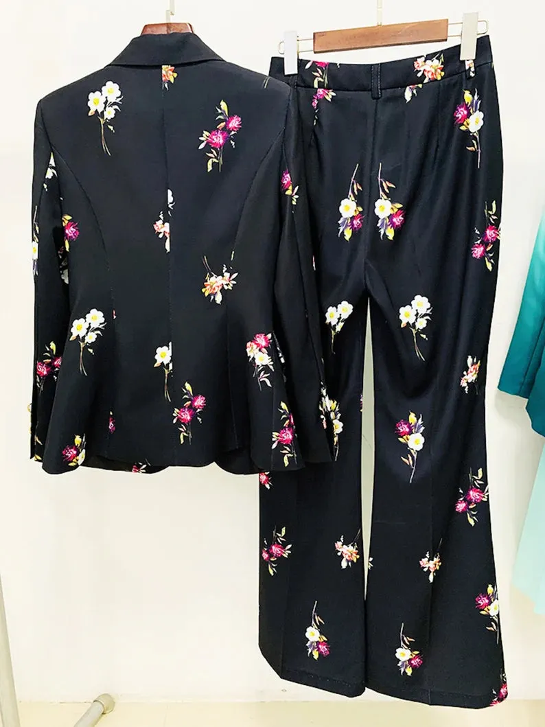 Black Floral Suit Fitted Blazer   Flare Trousers