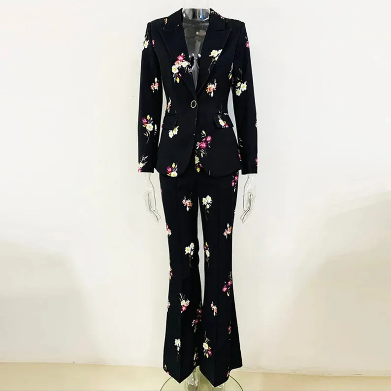 Black Floral Suit Fitted Blazer   Flare Trousers