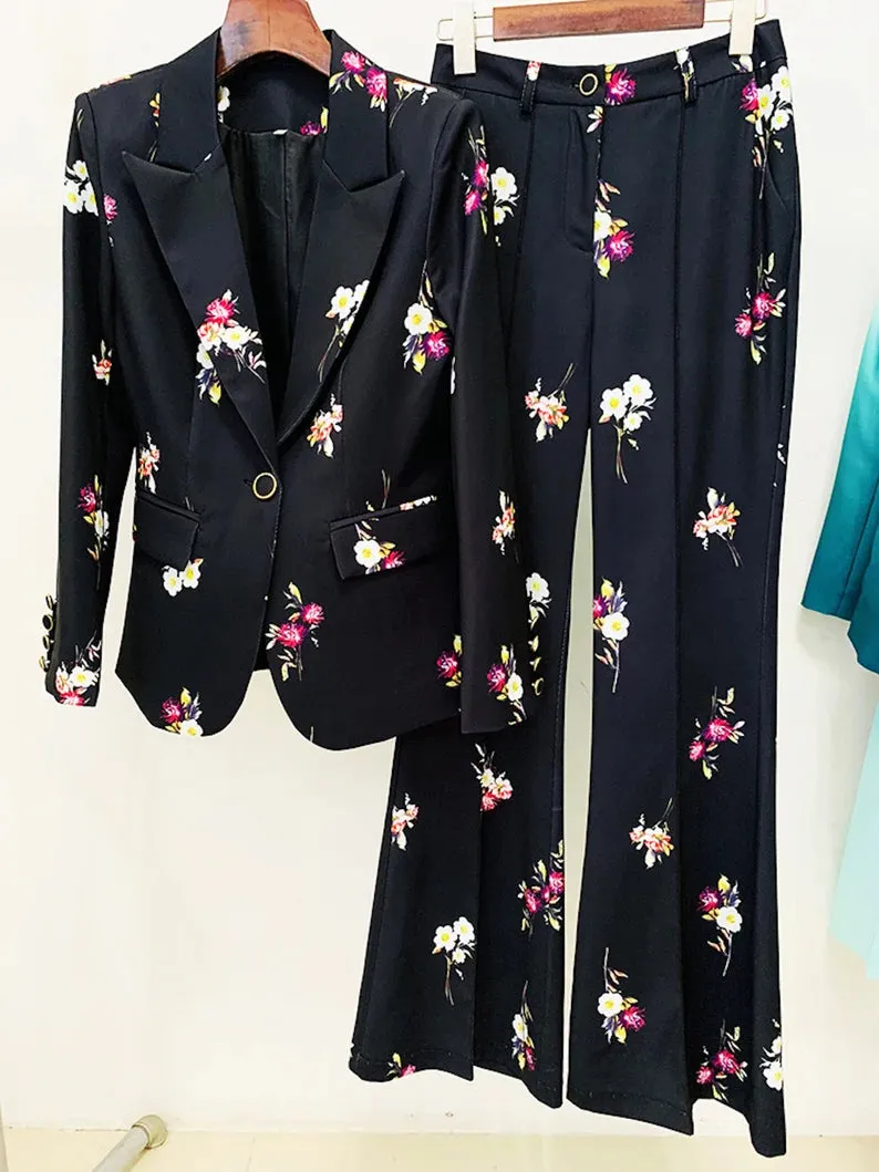 Black Floral Suit Fitted Blazer   Flare Trousers