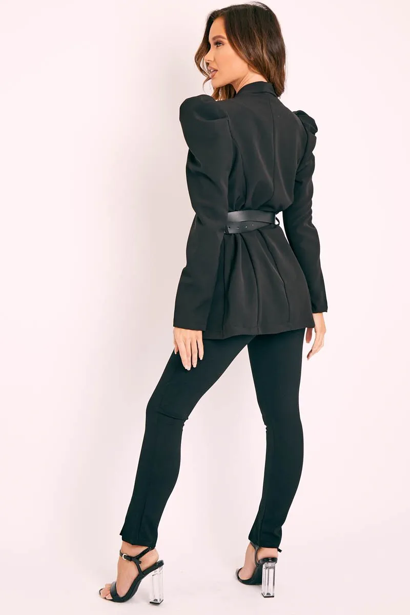 Black Puff Shoulder Belted Blazer - Felicity