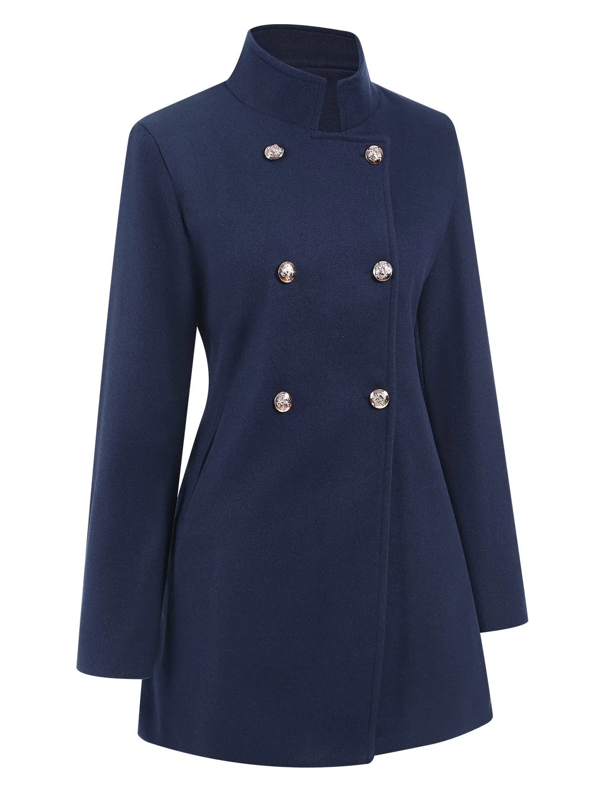 Blue 1940s Solid Stand Collar Double Breasted Coat