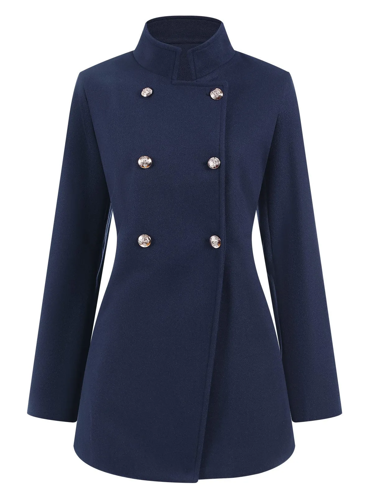 Blue 1940s Solid Stand Collar Double Breasted Coat