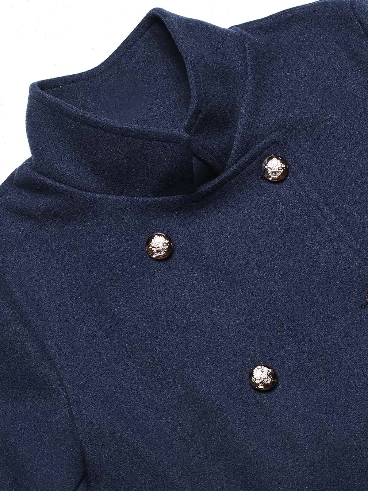 Blue 1940s Solid Stand Collar Double Breasted Coat