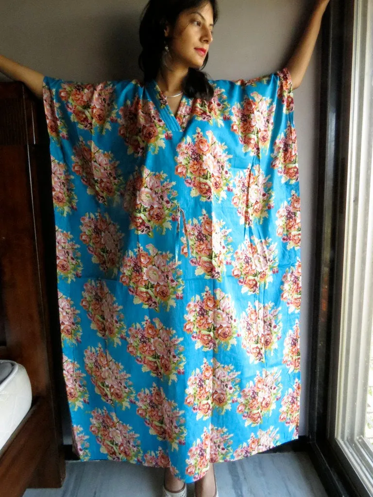 Blue Floral Posy V-Neck, Ankle Length, Cinched Waist Caftan